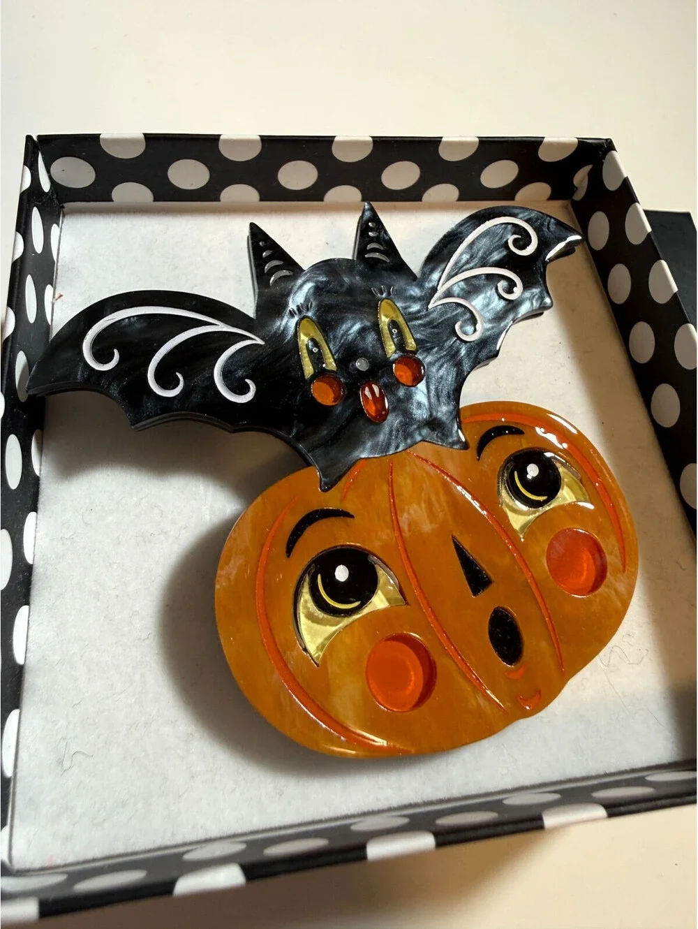Bat and Jack O Lantern Brooch Johanna Parker Lipstick & Chrome Halloween Pumpkin